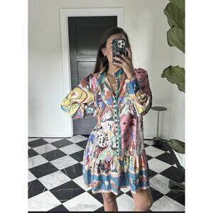 Blue Evergreen Whimsical Art Storybook Print Mini Dress Fairycore Boho Sz S